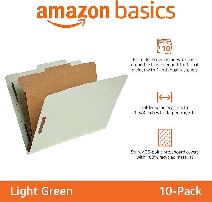 Amazon Basics Classification File Folders, 1 Divider, 2-Inch Embedded Fasteners, Letter Size for Documents, Light Green, 20-Pack