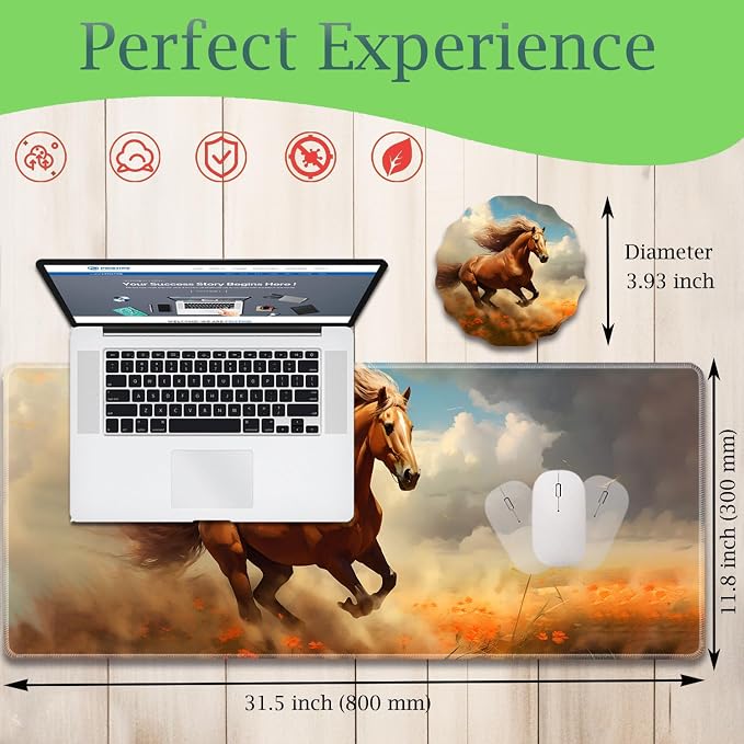 Extended Gaming Mouse Pad 31.5" x 11.8", with Edge Stitching, Non-Slip Rubber Base Keyboard Pad, Suitable for Work, Game, Office, Home and Coasters, Running Horse