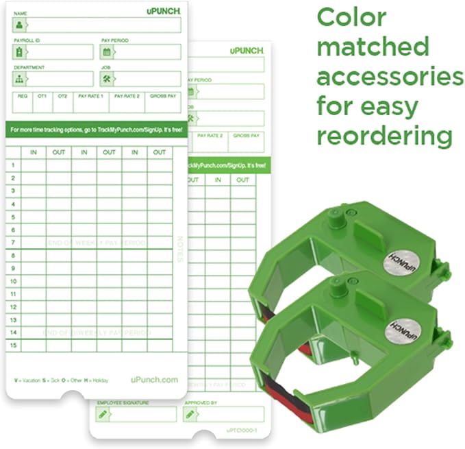 uPunch 2 Pack Ribbon/200 Card Combo for Green HN3000 AutoAlign Time Clocks (HNRG2TCG1200)