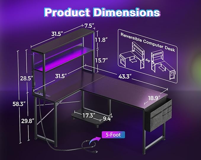 AODK L Shaped Desk Gaming Desk with LED Light & Power Outlet | 43 Inch Black Reversible L Shaped Computer Table with Shelf, Corner Desk with Storage Bag&Hook for Home Office Desk