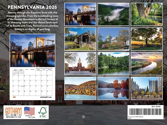 Pennsylvania Calendar 2026 Wall 12 Month Monthly PA Scenic Souvenirs Pennsylvanian Themed Gifts | American Made In The USA
