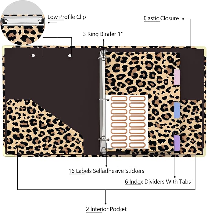 3 Ring Binder 1 Inch Round Ring Binder with 6 Tab Dividers，2 Interior Pockets，Cute Binder Clipboard with Storage, for School Office, Portfolio(Cheetah Spots)