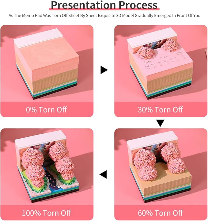 Time Piece Calendar 2027 Desk Calendar with LED Light 3D Tear-away Paper Carving Art Memo Pad Notepad Gift for Christmas Housewarming Desktop Decoration (Peach forest)