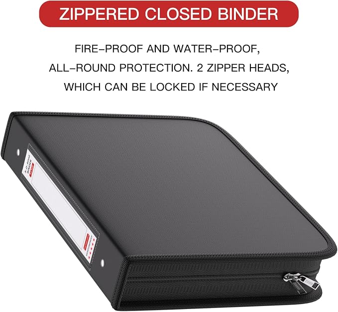 Fireproof 3 Ring Binder with Zipper, 2.5" D Rings Holds 650 Sheets | Fits Letter Size,Compatible with Clear Page Protectors,Built-in Net Pouch Pen Holder,Portable Safe Storage,1 Pack,Black