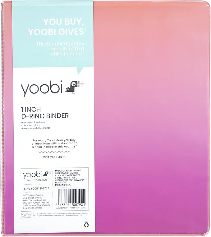 Yoobi 3 Ring Coral Ombre Binder - 1 Inch Binder with Round D Rings and 2 Pockets, Durable, PVC-Free Organizer with 220 Sheets Capacity, FSC Certified Packaging and Paper