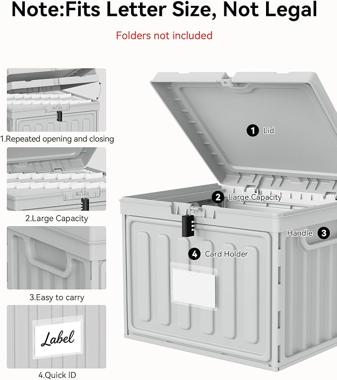 Oterri Lockable Stackable Plastic File Box with Lid for Letter-Size | Hanging File Folders Not Included. Grey, Large 2-Pack. Home, Office, Classroom, Dorm, Tax, Under Bed, Filing Cabinet.