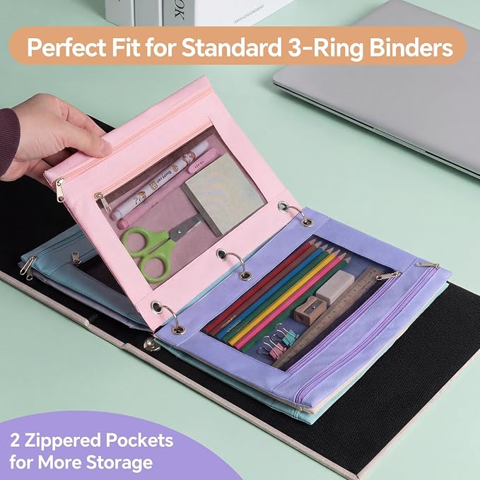 Lanpn 72 Pcs Pencil Pouch for 3 Ring Binder, 2 Pocket Zipper Binder Pouch Bulk, Pastel Binders Pencil Case, School Supplies for Boy Girl Student, Reinforced Grommets, Clear Window, Micro Mesh