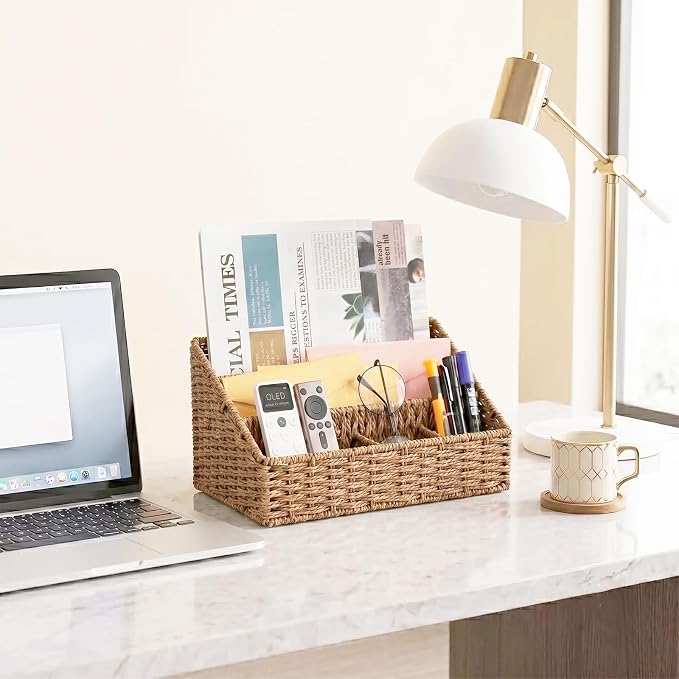 Mail Organizer for Desk - Countertop Mail Sorter & Magazine Holder, Brown Desk Organizer with 5 Compartments for Letters, Bills, Office Supplies, 12.7'' L x 6.3'' W x 7.1" H