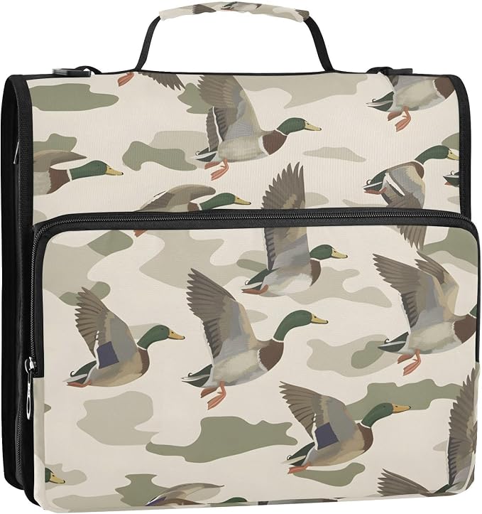 Wild Duck Camouflage Zipper Binder Bag 3 Ring Binder with Shoulder Strap Zip Up 500 Sheets Capacity Multi Pockets for School Office Supplies