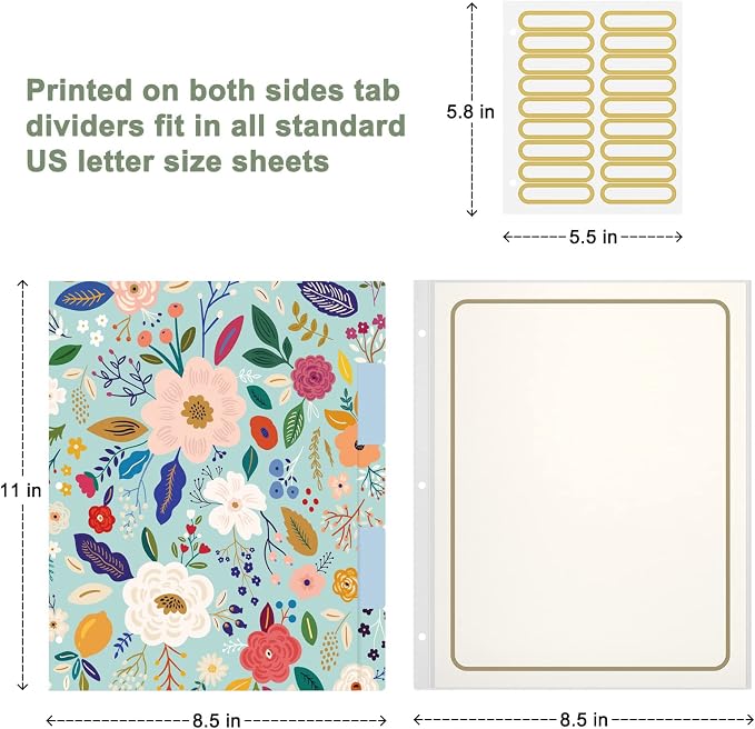 Rouidr 3 Ring Binder with clipboard, 1 inch 8.5 x 11 in Letter Size View Binders Organizer with Dividers Tabs & Clear Sleeves, School Supplies, Office Supplies, Green Flower