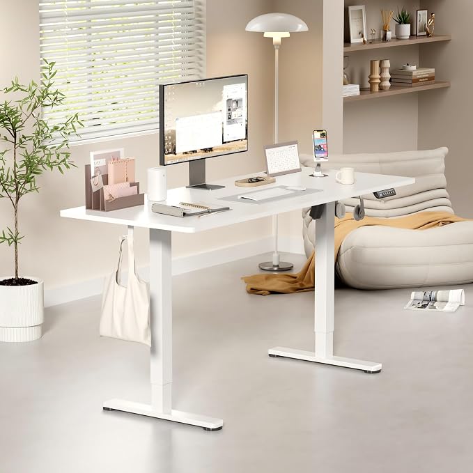 YESHOMY Height Adjustable Electric Standing Desk, 55 x 24 Inches Memory Home Office Sit Stand up Desk with Phone Holder and USB Charging Port, White