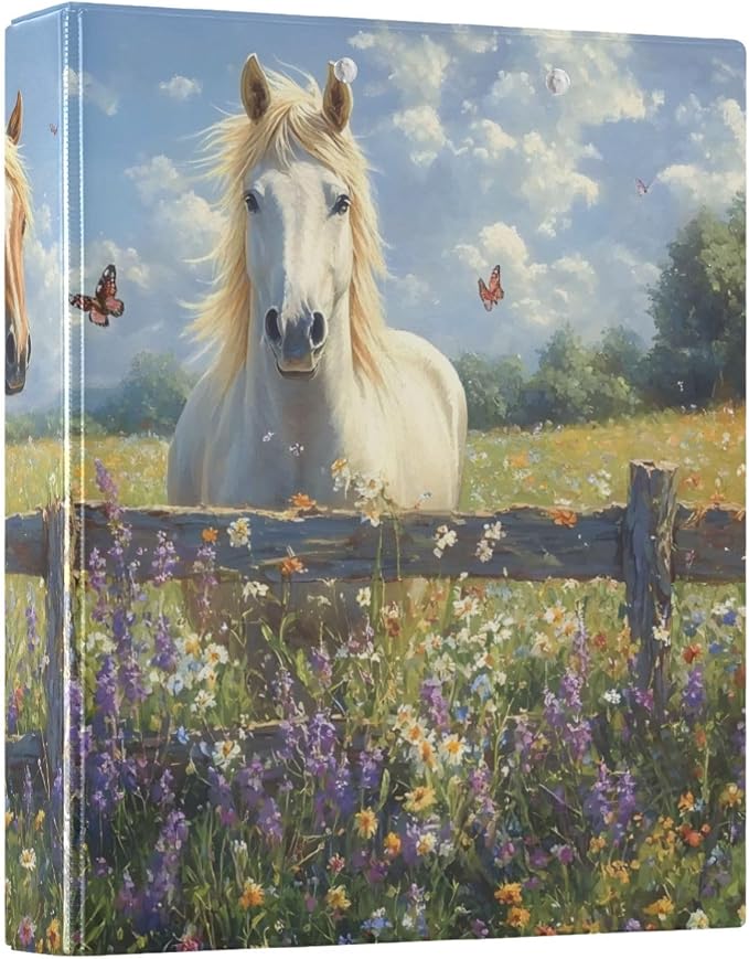 3 Ring Binder Horse Lavender White 1.5 inch Binders Three Ring Binders with Clipboard Fit 8.5'' x 11'' Paper 3 Interior PVC Clear Pockets for Office Supplies