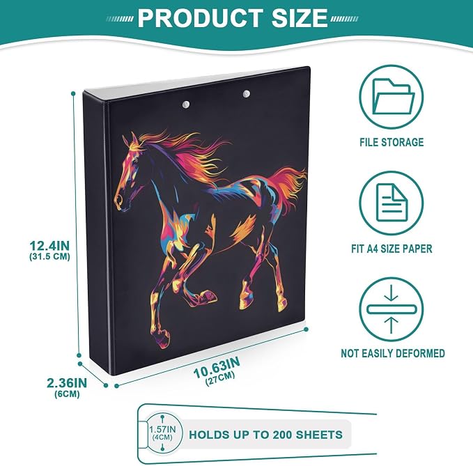 JIPONI 3 Ring Binder Silhouette of A Running Horse 1 Inch Round Binders for Men Women Students, Cute File Organizer for Office School, 2pcs