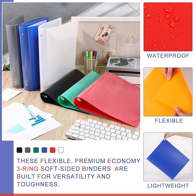 Fulmoon 6 Pack 2 Inch Plastic 3 Ring Binders with Pockets, Classic Colors | Flexible Covers with Round Rings and Front Pockets for Organizing Papers at School, Office, Meetings and Presentations