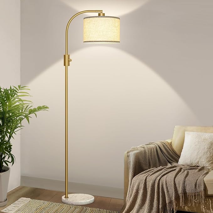 Nintiue Upgraded Modern Arc Dimmable Tall Standing Floor Lamp with Marble Base & Linen Shade, 1200 Lumens LED Bulb Included, for Living & Reading Room, Bedroom, Office & Nursery, Gold