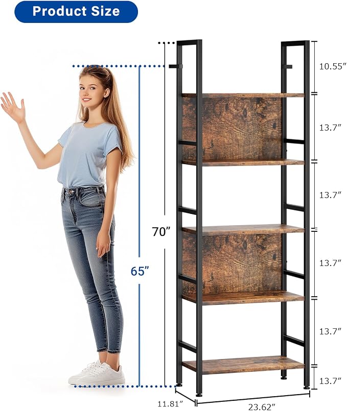 Dunatou 5 Tier Tall LED Book Shelf, 6FT Tall Standing Shelves with RGB Lights, 24'' Wide Lighted Wood Book Shelf 70 Inch Tall, Dimmable Light Up Wooden Bookcase for Bedroom Living Room Office