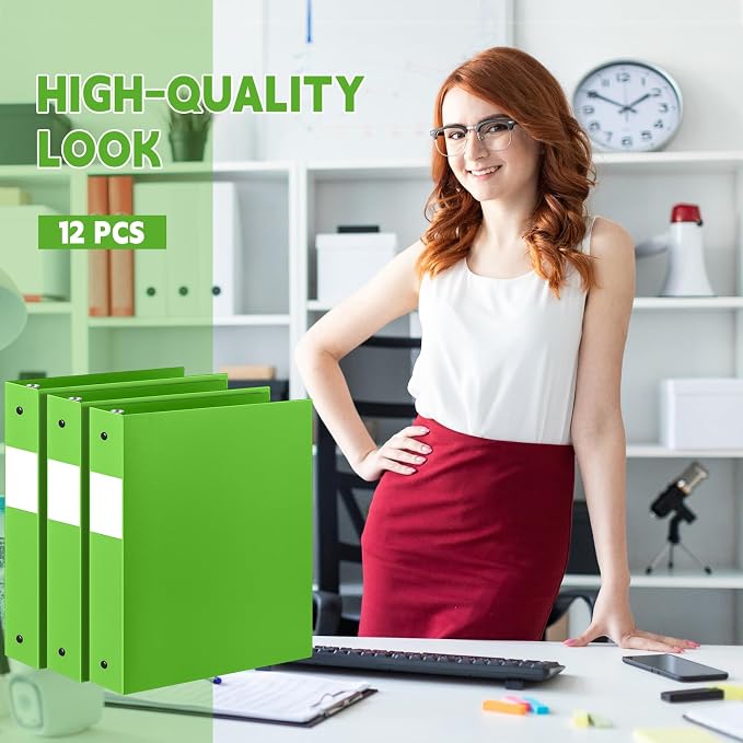 Henoyso 12 Pcs 1.5 Inch 3 Ring Binders, Letter Size,Lime Green | Binders Bulk, Holds 350 Sheets, Round Rings, Durable Flexible PP Plastic Covers, Pockets Labels, School Office Supplies