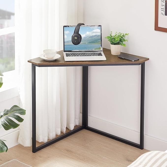 VECELO Corner Desk,Office Tables for Living Room for Small Space Triangle Computer Desk with Steel Frame Corner Shelves with Metal Frame Writing Desk for Workstation Classic Brown 33.1" 2 Set