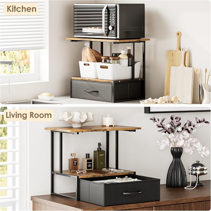 Masupu Printer Stand for Desk, Printer Table with Fabric Storage Drawer, 2 Tier Desktop Shelf, Multi-Purpose Desk Organizer for Home Office, 3D Printer, Fax Machine, Scanner, Rustic Brown