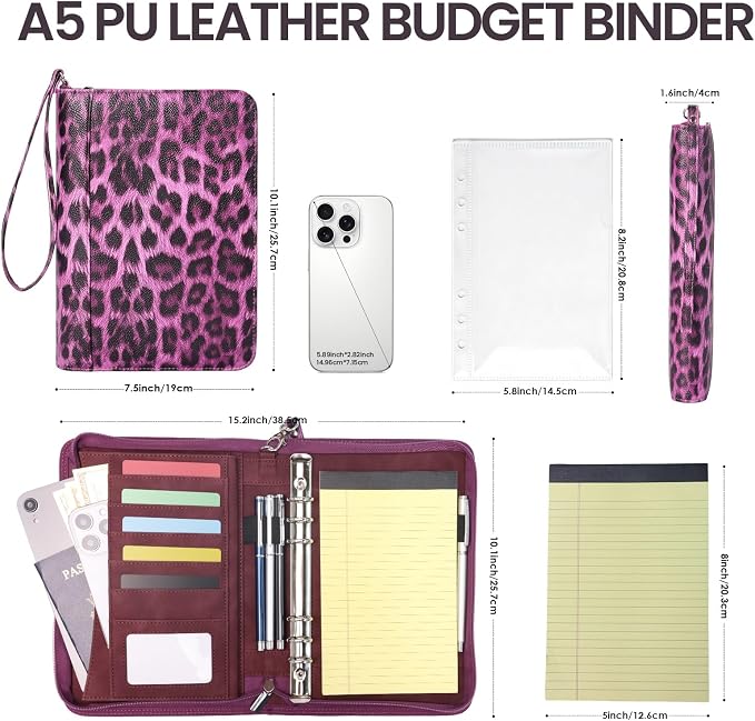 A5 Binder 6 Ring with Zipper, Portable Planner for Travel & Study | Faux leather A5 planner with detachable 6 rings, lined pages, pouches, card slots and pen holder for daily use.