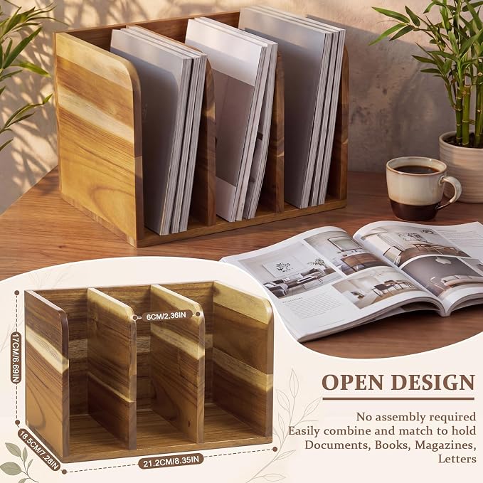 Novabright Acacia Wood File Magazine Holder Desk Organizer, 3 Vertical Compartments Workspace Sorters for Magazines, Binders, Notebooks, Envelopes