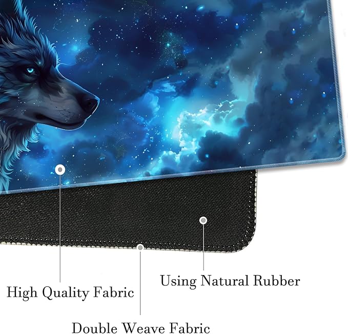 Extended Gaming Mouse Pad 31.5" x 11.8", with Edge Stitching, Non-Slip Rubber Base Keyboard Pad, Suitable for Work, Game, Office, Home and Coasters, Starry Sky Wolf