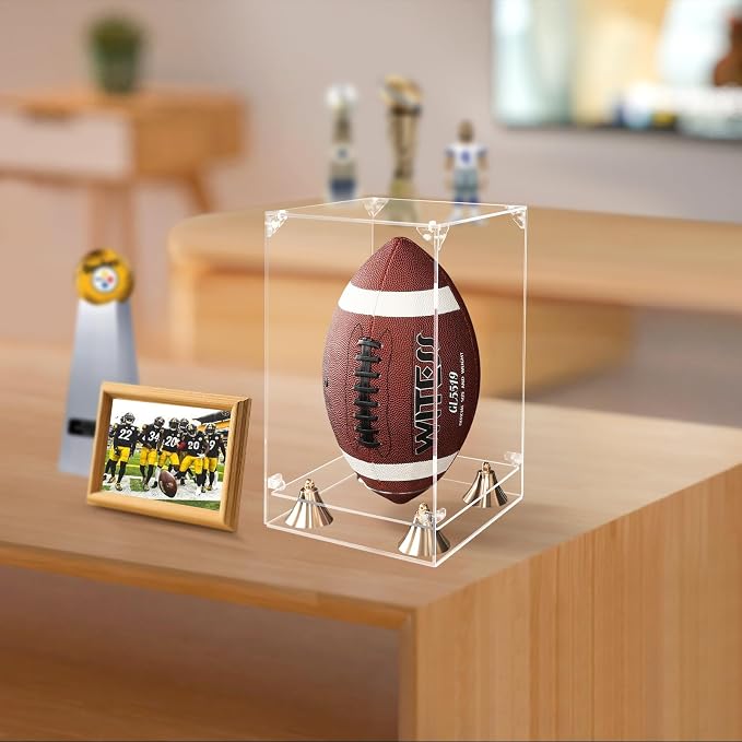 KOLIPI Football Display Case, Clear Acrylic Box 8x8x12.5 in | Football Case Display for Autographed Balls, 360° Clear View, Dustproof Protection, Stable and Stackable, Assembly Required