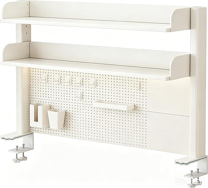 31.5 Inch Clip-on Desktop Organizer Bookshelf with Pegboard, Desk Shelf Organizer, Multipurpose Computer Desk Desktop Bookshelf, Desk Extender Pegboard Clamp, Desktop Display (White)