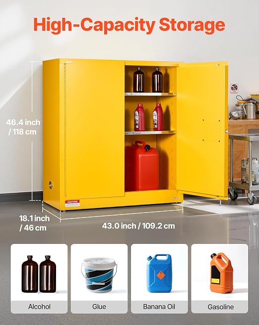 VEVOR Flammable Cabinet 18" x 43" x 46", 29 Gallon Flammable Storage Cabinet with Adjustable Shelf, Cold-Rolled and Galvanized Steel Fire Cabinets, for Commercial Industrial Home Use, Yellow