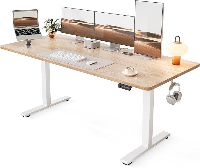 Cubiker Standing Desk, 63x28 Inches Sit Stand Home Office Desk, Electric Stand up Desk, Adjustable Desk with Splice Board, White Frame/Maple Top