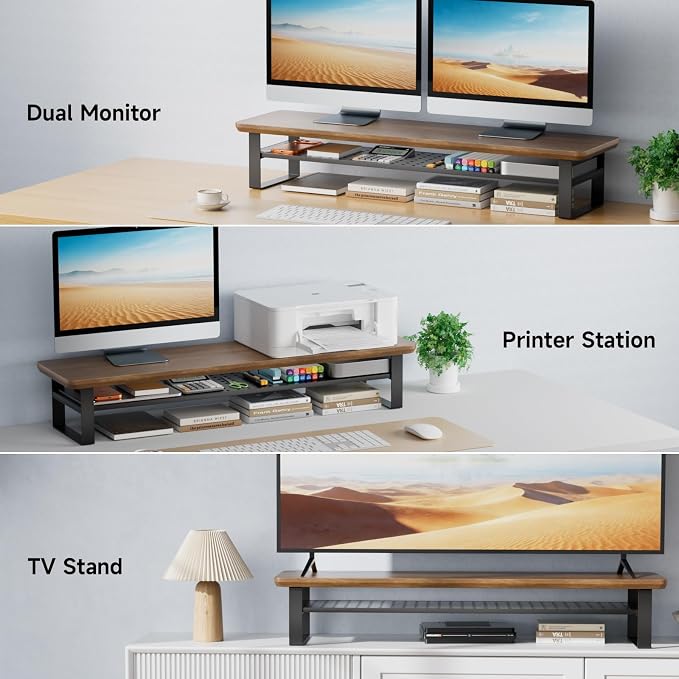 Dual Monitor Stand, 35.4 Inch Monitor Stand Riser for 2 Monitors, 2 Tiers Wood Desk Shelf with Storage, Desktop Organizer Stand for Computer, Laptop, Printer, TV
