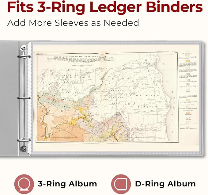 Dunwell 11x17 Sheet Protectors Landscape - (100 Pack, Heavyweight), 11 x 17 Ledger Size Plastic Sleeves, 3 Hole Punched, Fits 3-Ring Binders, Clear Heavyweight Acid-Free Poly
