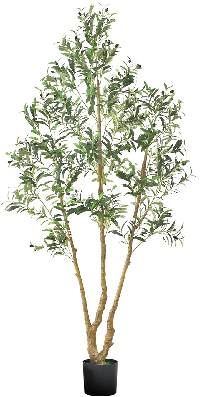 VEVOR 7FT Artificial Olive Tree with Black Pot, Tall Fake Tree with Natural Wood Trunk & Realistic Green Leaves and Fruits, Indoor Faux Plant for Home, Office, Living Room, Corner Decor