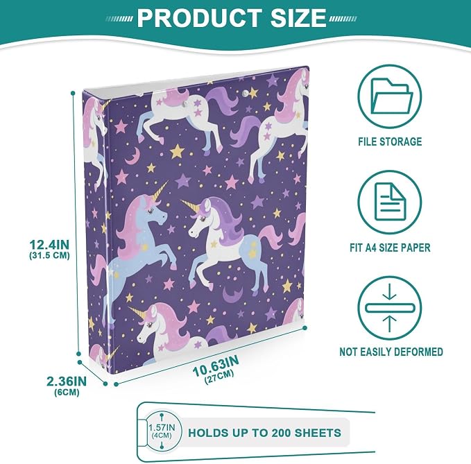 Purple Unicorns 3 Round Ring Binders | 1.5 Inch Binder with Clipboard, PVC Pockets, Work Organizer, Holds 200 Sheets for School Office 1 Pack