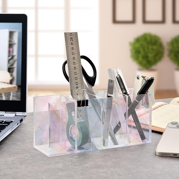 Colorful Tie Dye Acrylic Printed Pen Holder 4 Compartments, Acrylic Plastic Pen Holder Cosmetic Brush Holder Desk Pen Holder Marker Organizer Square Acrylic Pen Holder 4 Compartments