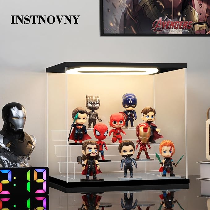Clear Acrylic Display Case with Light 4 Tier Display Storage Box Assembly Dustproof Showcase for Collectibles Action Figures(Black, 12.0*8.9*10.9inch)
