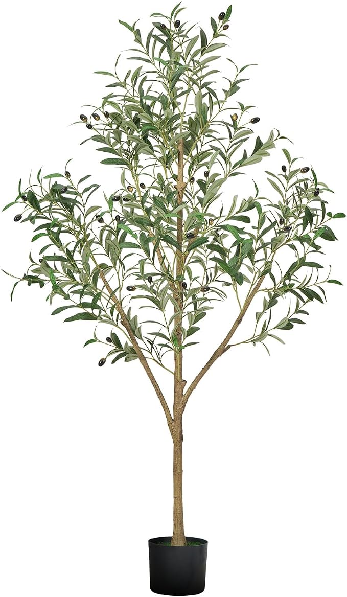 VEVOR 5FT Artificial Olive Tree with Black Pot, Tall Fake Tree with Natural Wood Trunk & Realistic Green Leaves and Fruits, Indoor Faux Plant for Home, Office, Living Room, Corner Decor