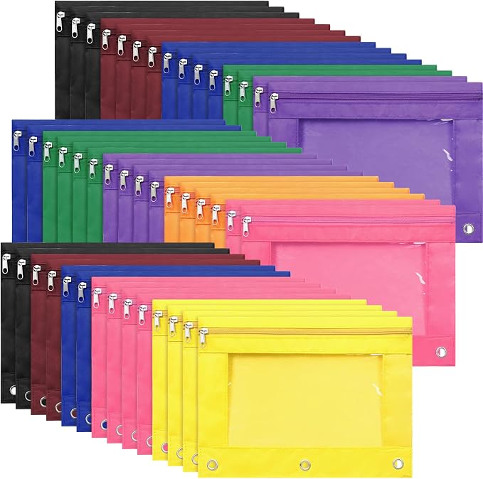Leinuosen 64 Pack Pencil Pouch Bulk for 3 Ring Binder, Pencil Case with Zipper and Clear Window 8 Assorted Color Storage Bag for Office, Back to School Classroom Supplies