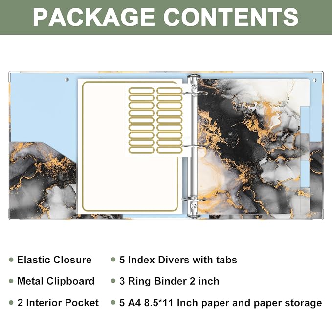 Rouidr 3 Ring Binder, 2 Inch Round Ring Binder Organizer with Clipboard, 5 Dividers Tabs, A4 8.5 x 11 Inch Paper & Clear Sleeves for School, Office Supplies, Black Gold Marble