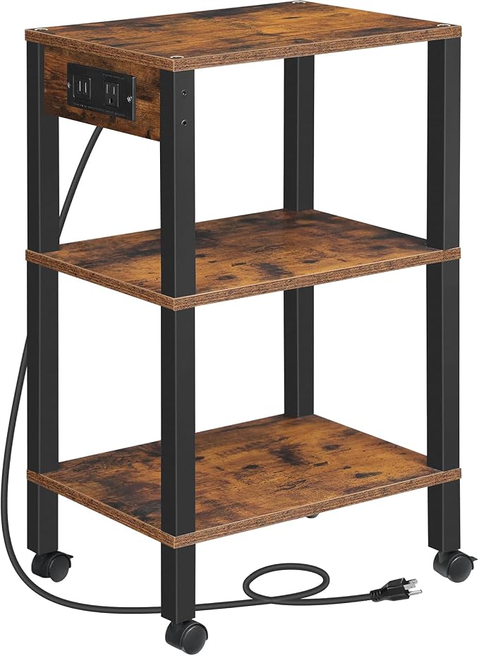 HOOBRO 3-Tier Printer Stand with Charging Station, Under Desk Printer Table, Printer Cart with Storage Shelves, Shelf for Small Spaces, for Home Office, Rustic Brown and Black BF63UPS01
