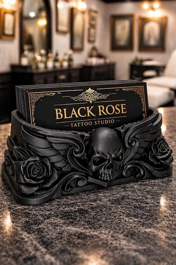 Gothic Skull Business Card Holder – Premium Desk Organizer for Tattoo Artists, Dark Decor Card Stand, Office Desk Display, Unique Gift for Tattoo Artist, Studio Reception Decor