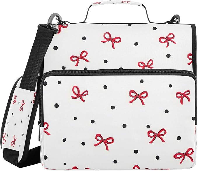ALAZA Zipper Binder 3 Ring Red Bow Black Polka Dot Binder Organizer with Zipper and Shoulder Strap Large Capacity Multi-Pocket Trapper Keeper File Folder for Office Supplies