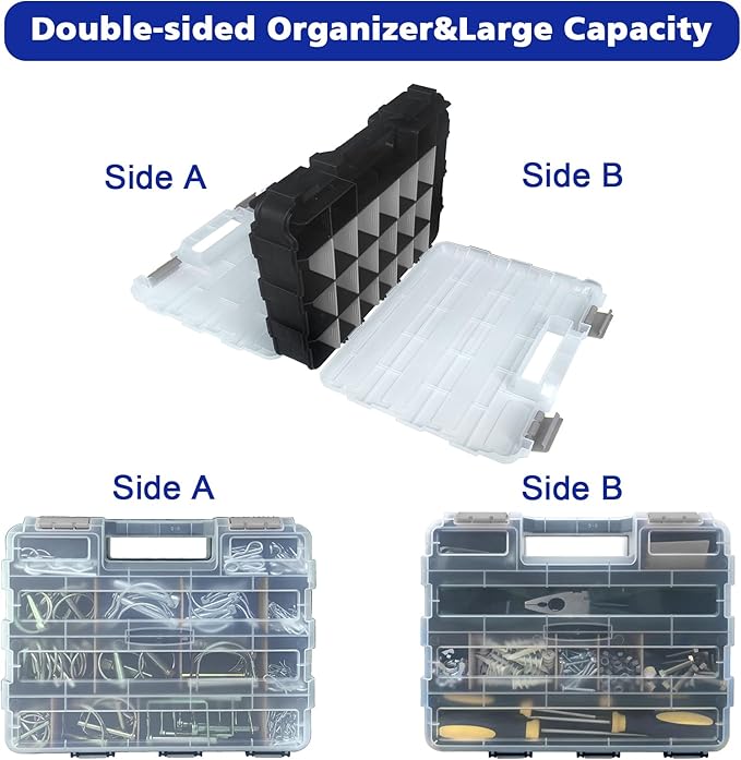Double Side Tool Box Organizer, Hardware Storage Box, Portable Small Parts Organizer with Removable Plastic Dividers for Screws, Nuts, Nails, Bolts, Grey