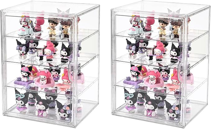 2 Pack 4 Tier Display Case for Collectibles,Clear Display Box with 3 Movable Plates ,Storage Container with Magnetic Door (XXL-4 Tier-2 Pack)