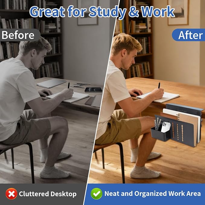 LUKETURE 2 Tier Desk Side Storage, No Drill Laptop Mount with Pen Holder | Fits Flat Edge Desks 0.3 to 2.8 Inches,Secure Grip on Wood, Glass, or Metal Surfaces Without Slipping