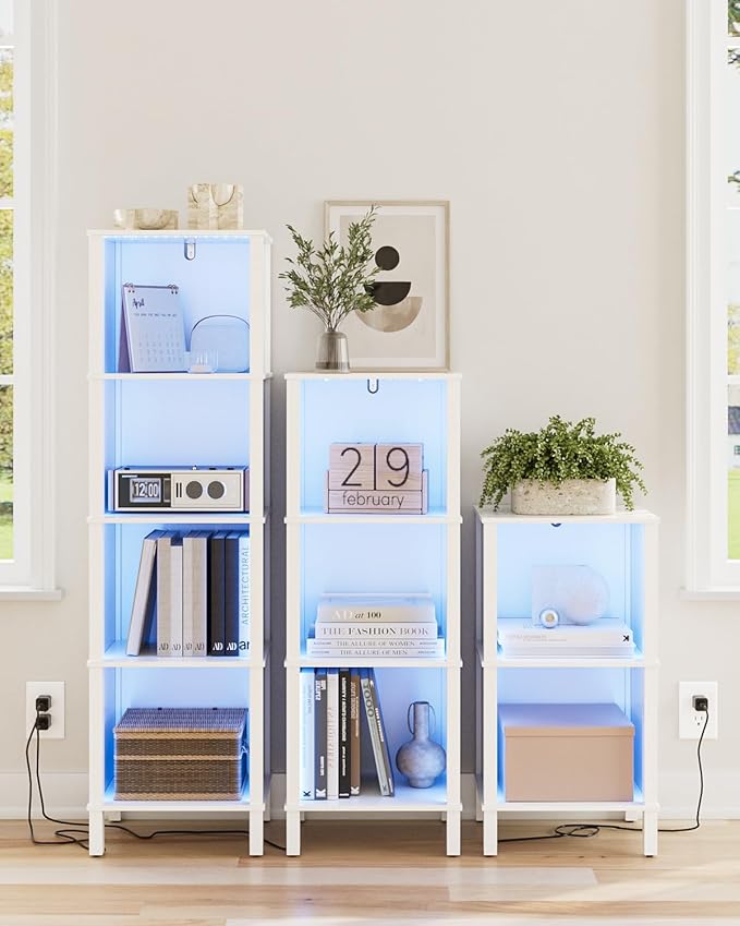 Bookshelf with LED Lights, Modern 2-Tier Bookcase, Open Storage Book Shelf, 11 × 14.2 × 27.4 Inches, Small Narrow Bookshelves for Living Room, Home Office, Bedroom, White