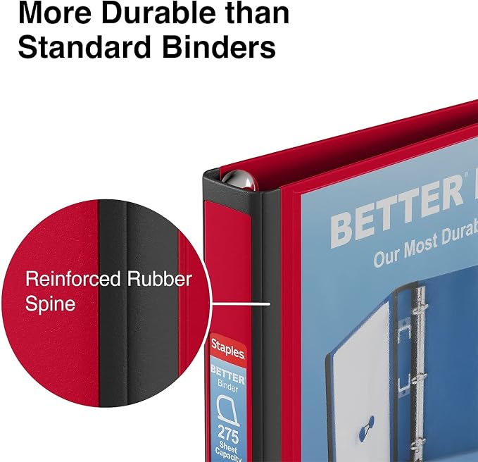 Staples Heavy-Duty 1-Inch D-Ring Binder, Red, Removable Spine Label | Durable polypropylene cover built for school and office document storage.