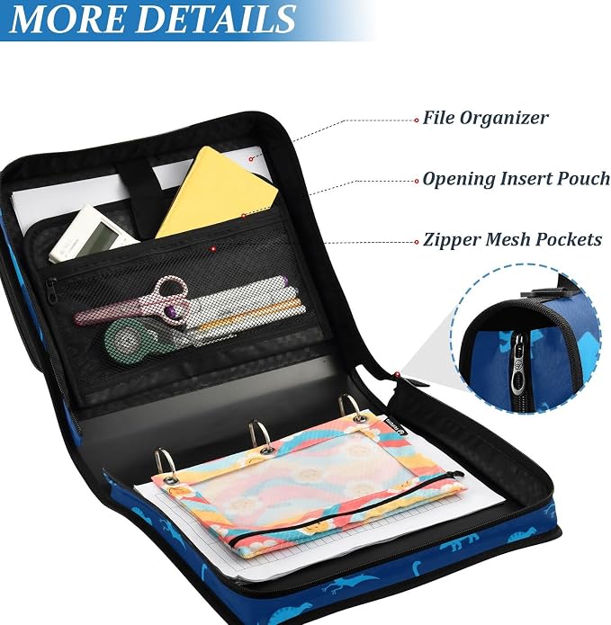 Custom Dinosaurs Dark Blue Pattern 3 Ring Zipper Binder with Shoulder Strap & Handle 1.5 Inch D-Ring Zippered Bag with Multiple Pocket, Personalized Binder Organizer for School or Office