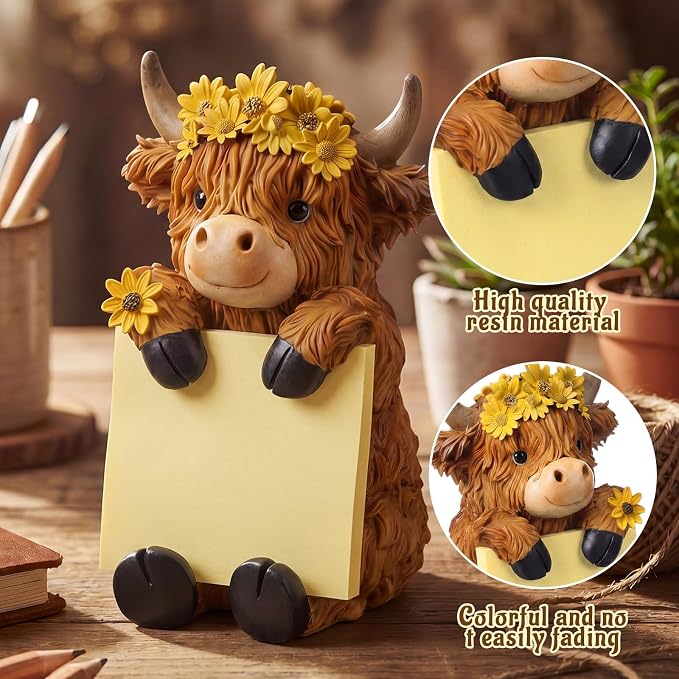 Thenshop Back to School Sunflower Highland Cow Pop up Sticky Note Dispenser | Fall Resin Highland Cow with 100 Sheets, Sticky Note Holder, 3 x 3 Inch, Highland Cow Desk Accessories, Classroom School Gift