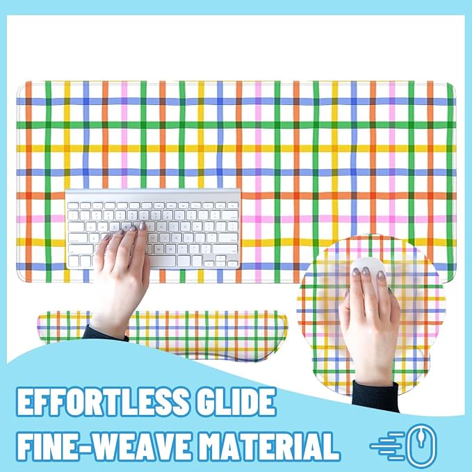 Plaid Mouse Pad Set Colorful Rainbow Checkered Seamless Gaming Mousepad 4in1 Desk Mat for Desktop Anti-Slip XXL Big Computer Ergonomic Mousepad with Wrist Support for Keyboard and Mouse